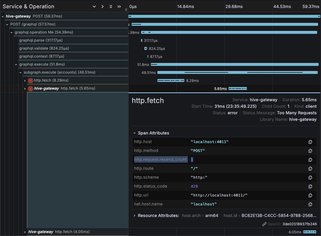 A screenshot demoing failed and retried upstream request with appropriate attribute